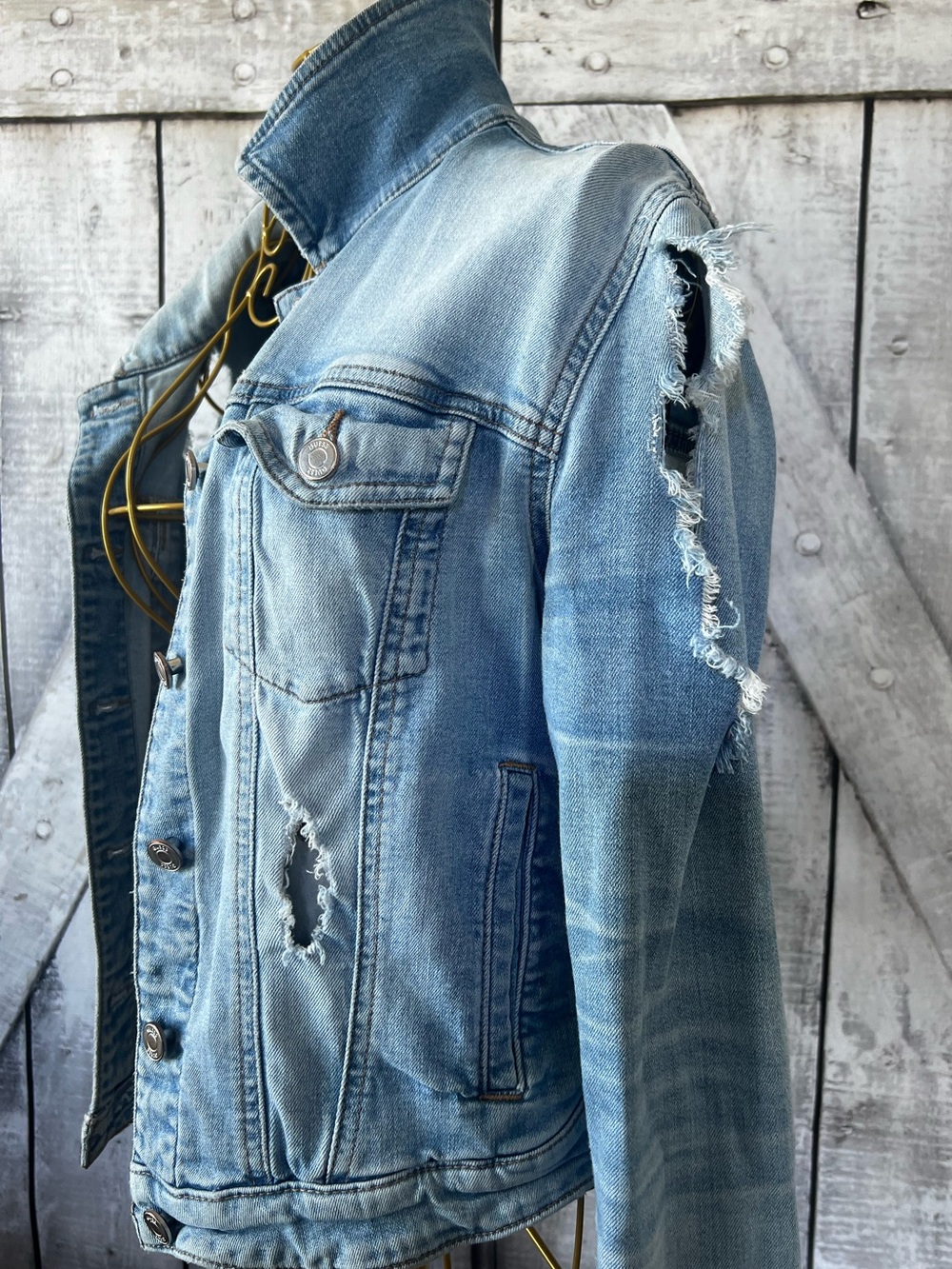 Guess Light Wash Blue Distressed Denim Jacket